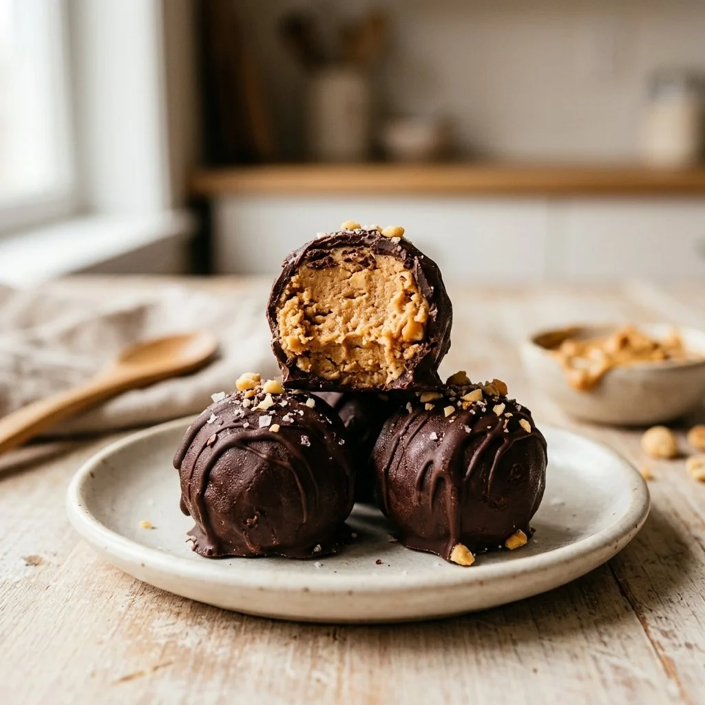 Homemade peanut butter balls recipe with chocolate and oats