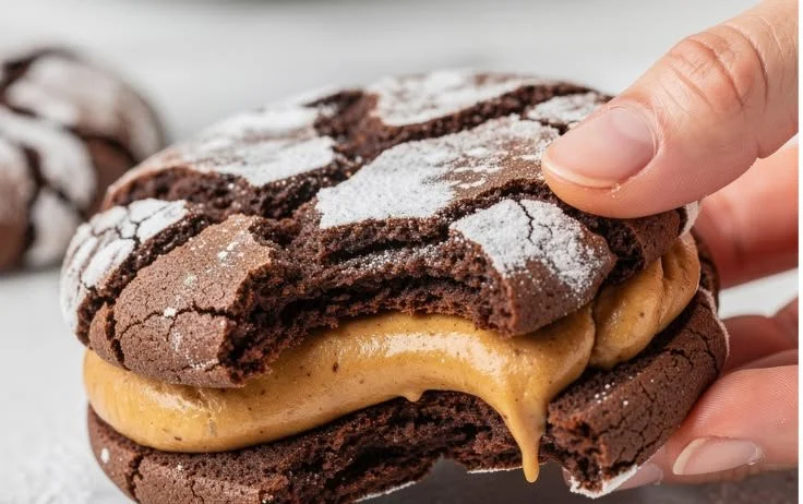 Delicious Peanut Butter Filled Soft Crinkle Cookies on a baking tray