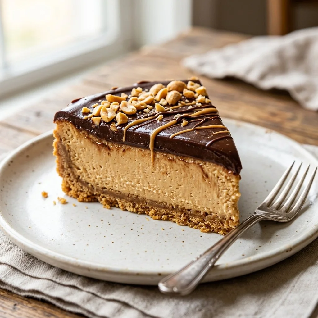 Homemade Peanut Butter Pie topped with whipped cream and chocolate drizzle.