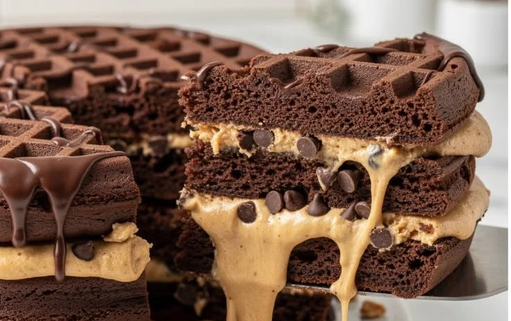 Peanut Butter Waffle Cake topped with peanut butter and chocolate drizzle