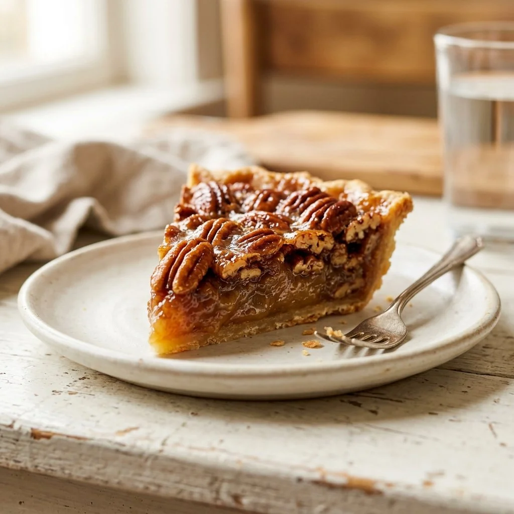 Delicious homemade pecan pie served on a rustic table.