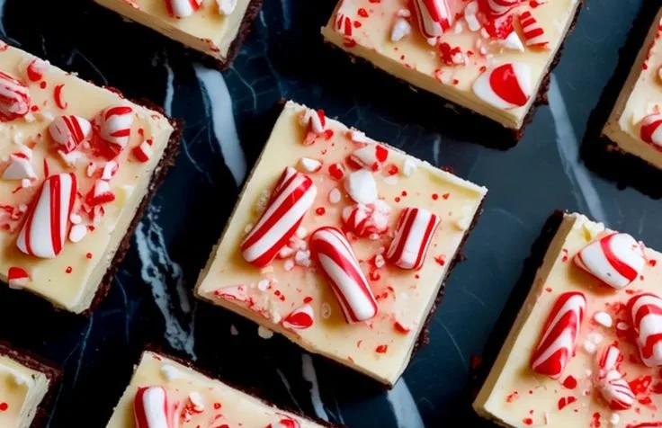 Peppermint bark cheesecake bars topped with crushed candy canes on a plate