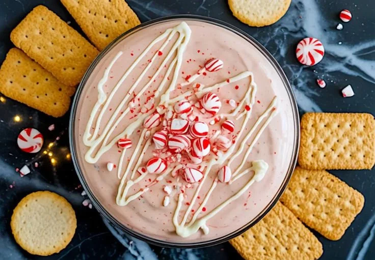 Peppermint cheesecake dip served in a festive bowl with mint leaves