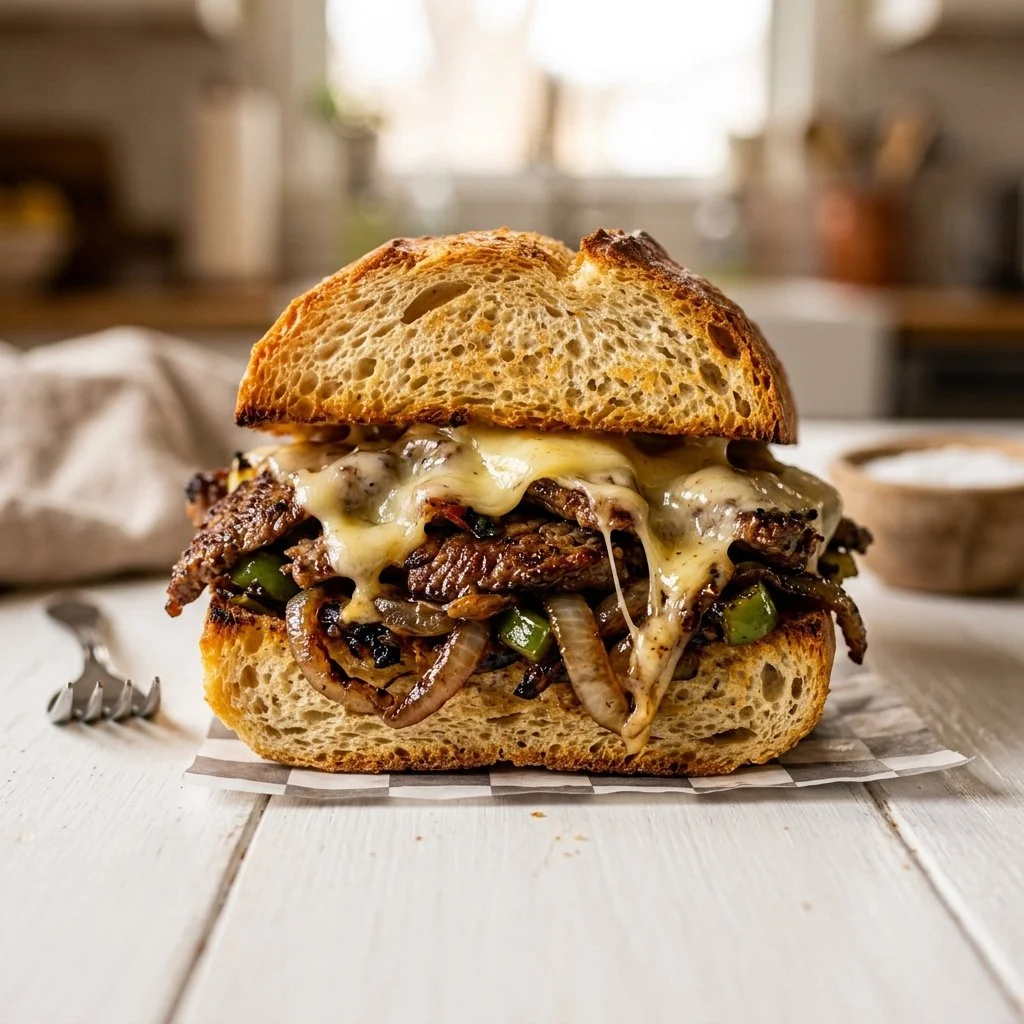 Homemade Philly cheesesteak sandwich with ribeye and cheese toppings