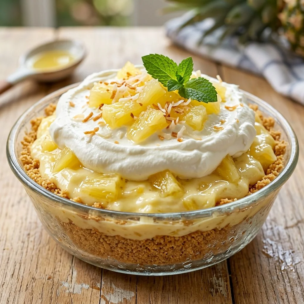 Delicious Pineapple Lush dessert served in a glass with tropical fruits.