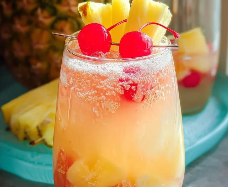 A refreshing glass of Pineapple Sangria garnished with fresh fruits.