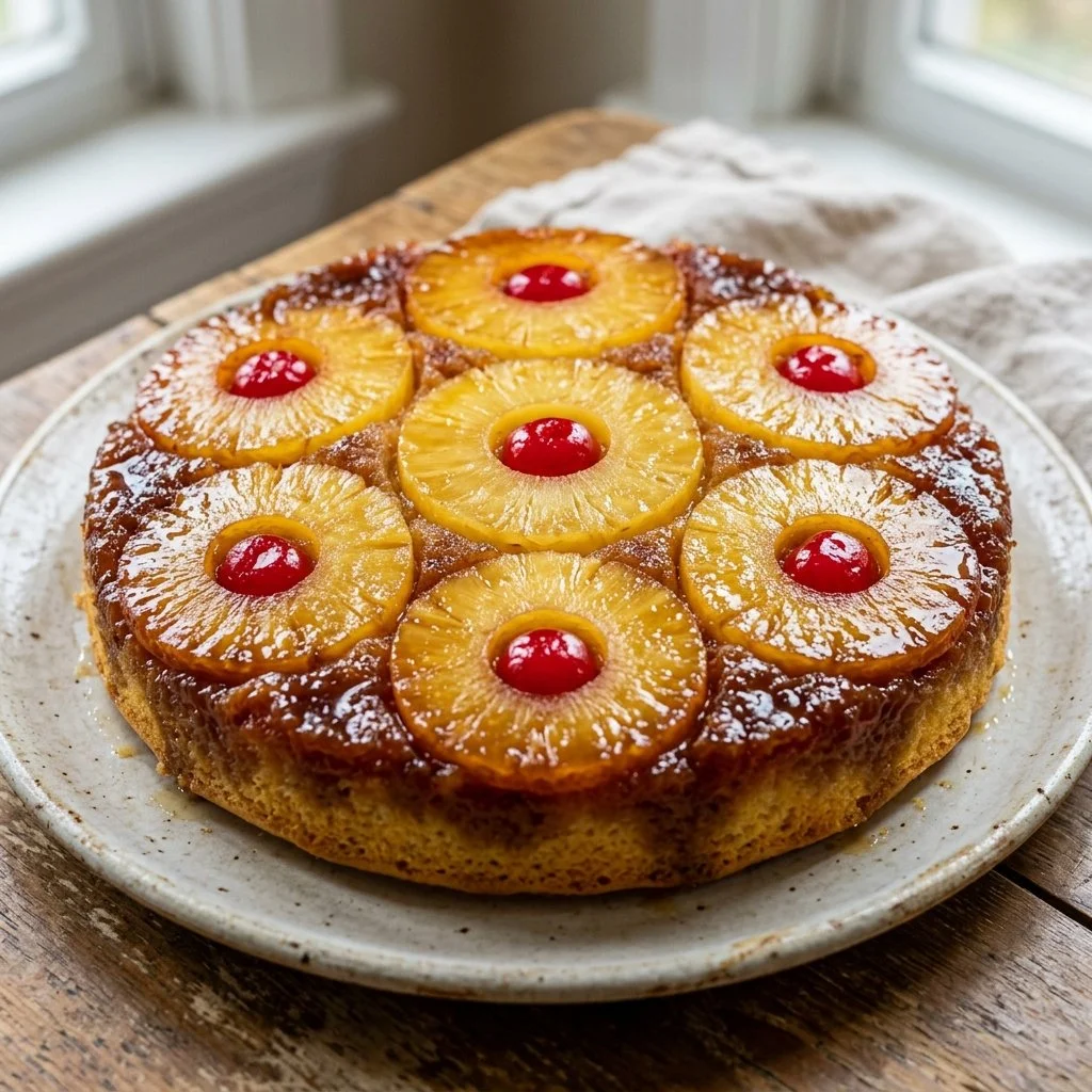 Delicious Pineapple Upside Down Cake topped with caramelized pineapple and cherries