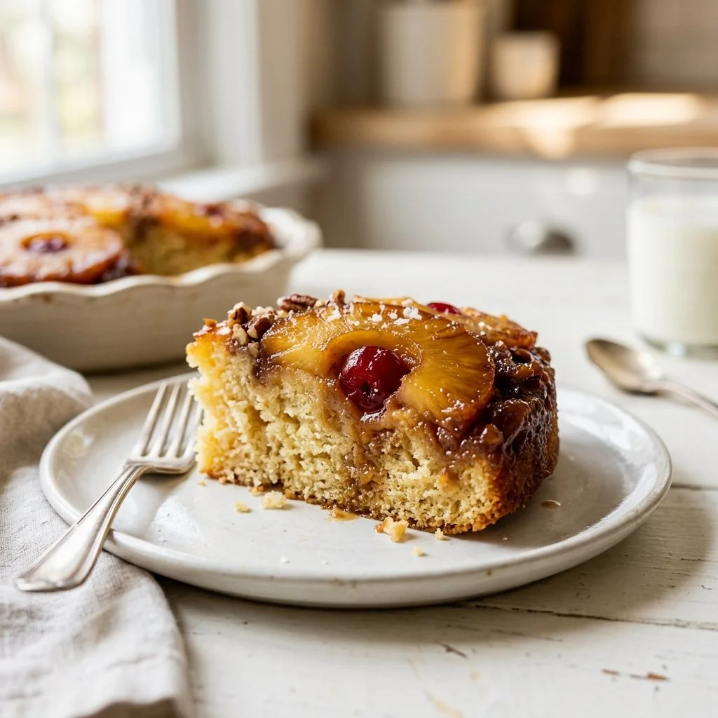 Delicious pineapple upside down cake on a plate, showcasing caramelized pineapples.