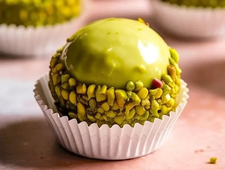 Delicious pistachio brigadeiro candies arranged on a plate