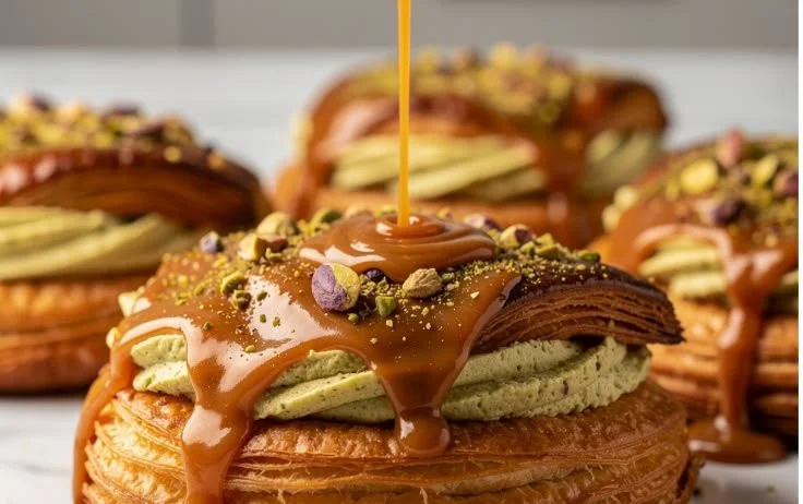 Pistachio Caramel Danish Pastry topped with caramel and crushed pistachios