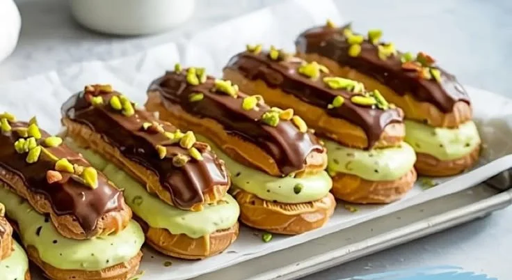 Homemade pistachio éclairs topped with creamy pistachio frosting