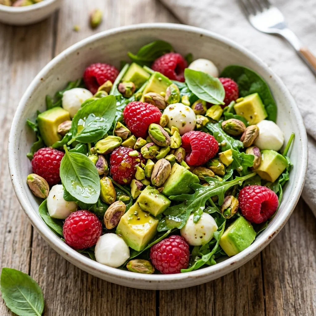 Colorful pistachio salad with fresh ingredients and nuts for a healthy meal.