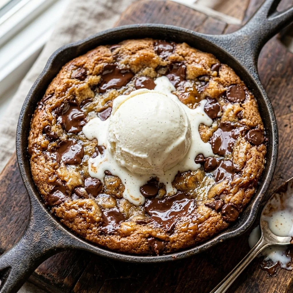 A warm Pizookie served with ice cream on top, ready to enjoy.