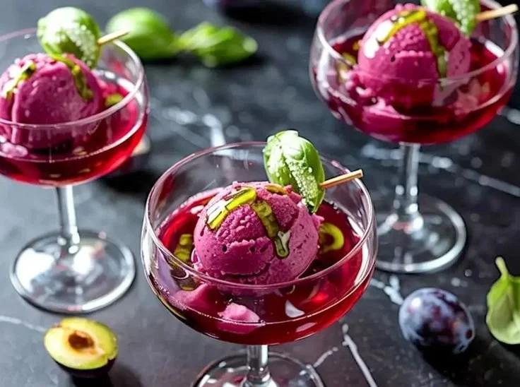 Delicious Plum Sorbet topped with basil oil drizzle in a bowl