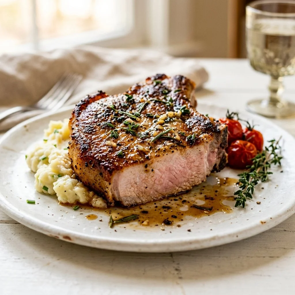 Juicy pork chops on a plate with herbs and spices ready to serve