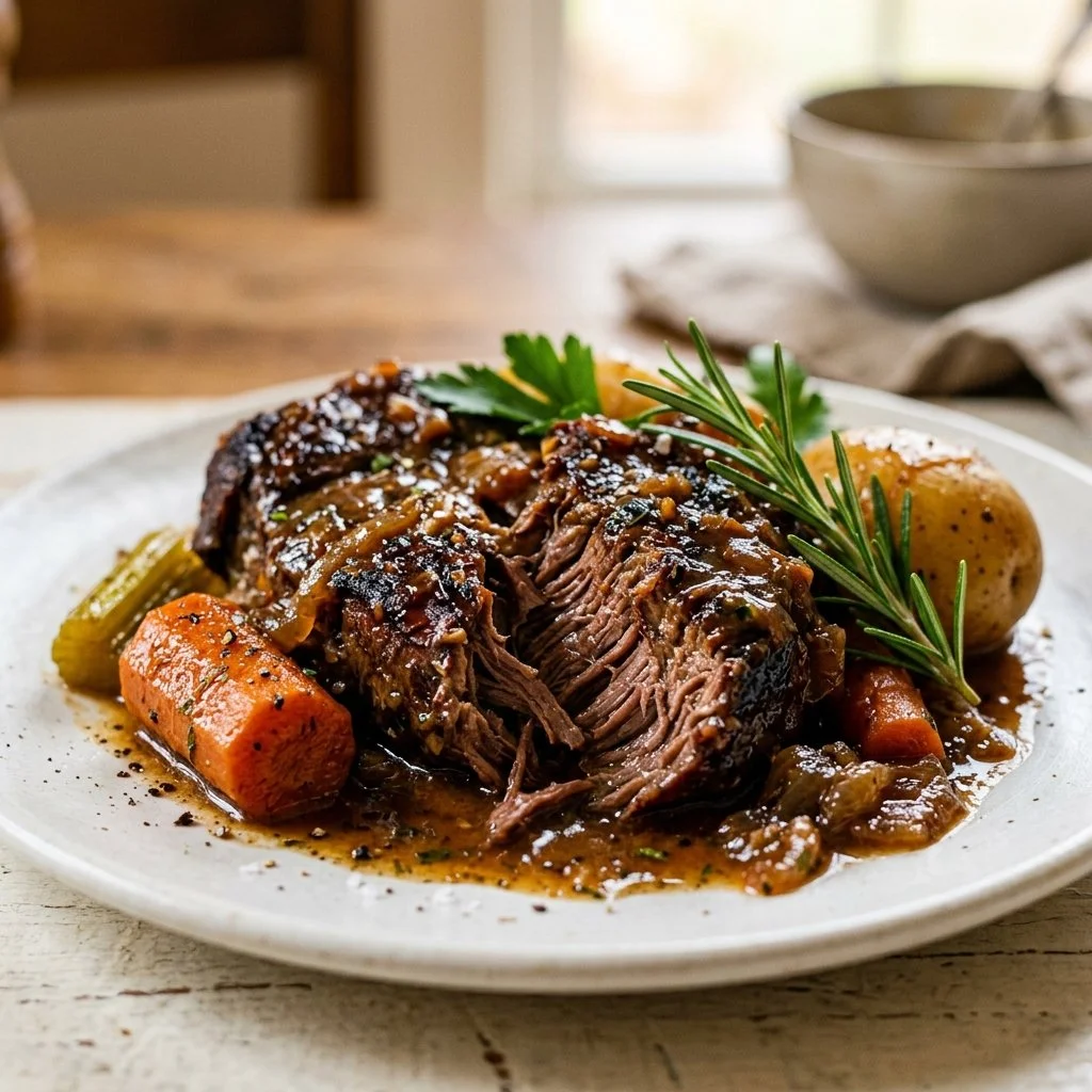 Delicious homemade pot roast with vegetables and herbs in a slow cooker