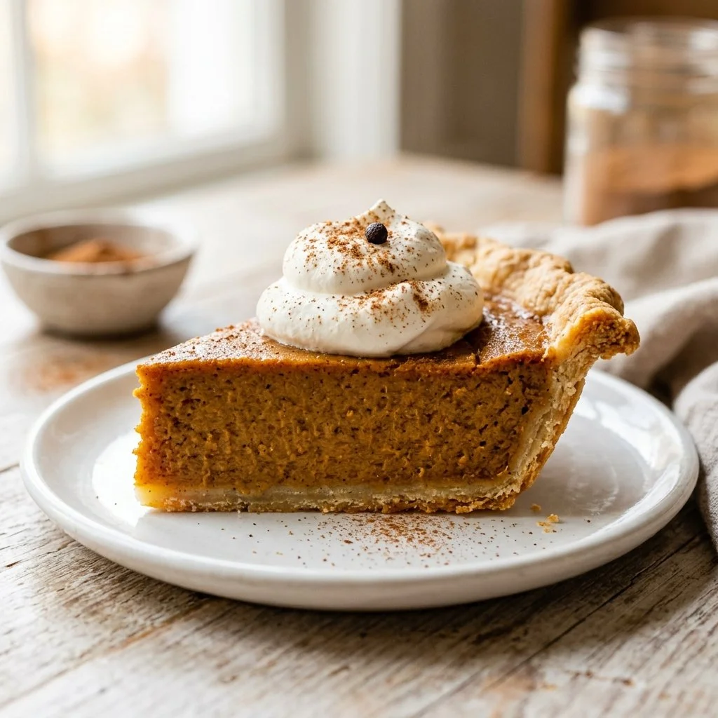 Homemade pumpkin pie ready to serve, topped with whipped cream