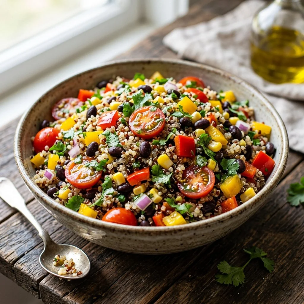 Quinoa black bean salad with fresh vegetables and herbs in a bowl