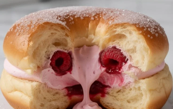 Raspberry Cream Brioche Donuts dusted with powdered sugar on a plate