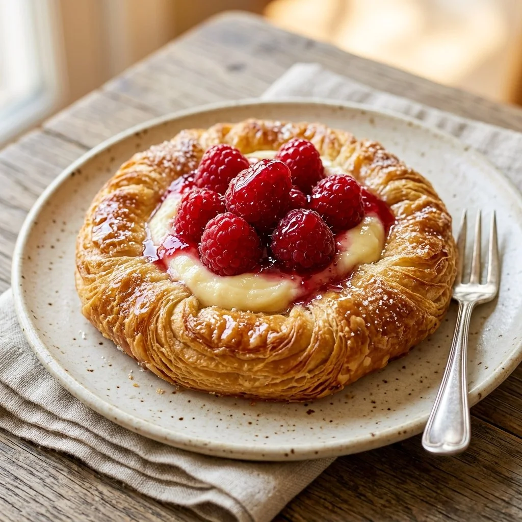 Freshly baked Raspberry Cream Cheese Danish with a flaky pastry and fruit topping