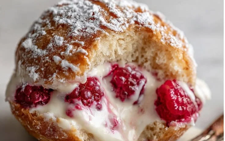 Homemade Raspberry Cream Donut Holes dusted with powdered sugar