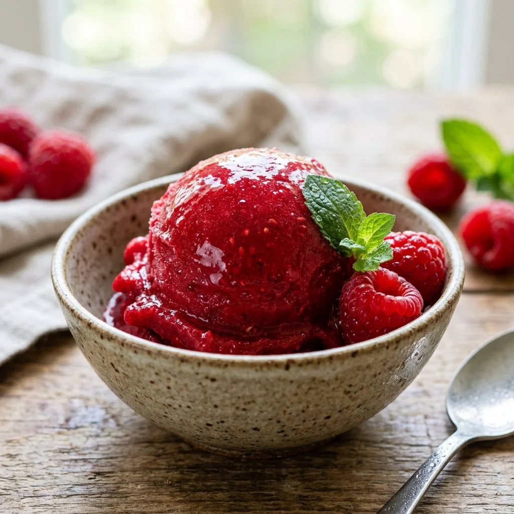 Bowl of vibrant raspberry sorbet topped with fresh raspberries