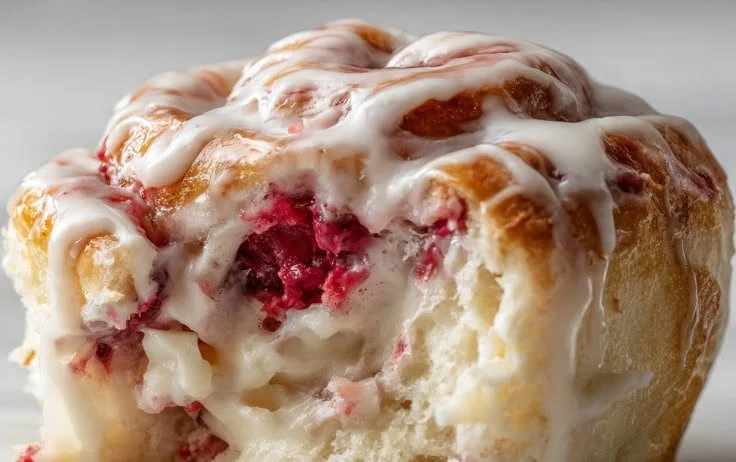 Freshly baked Raspberry Swirl Rolls with Cream Cheese icing on top