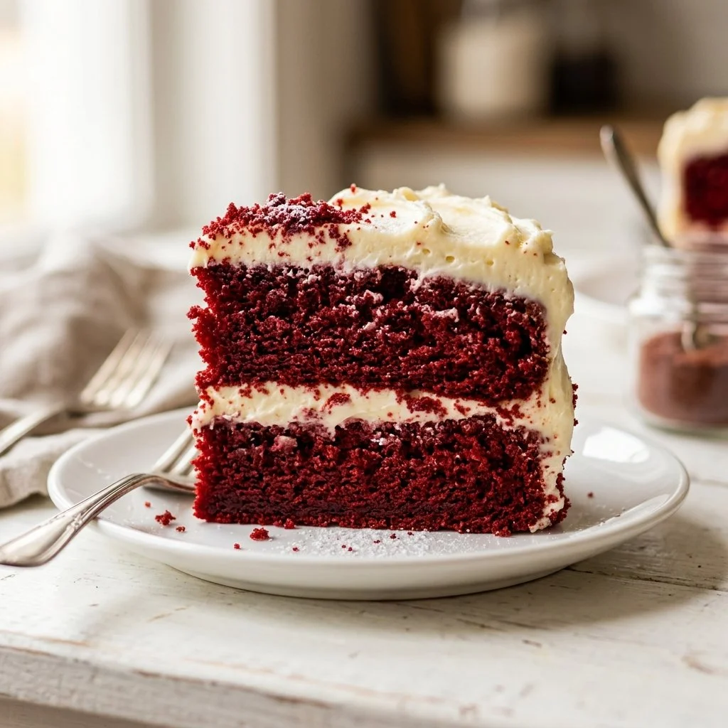 A slice of moist red velvet cake with cream cheese frosting on a decorative plate.