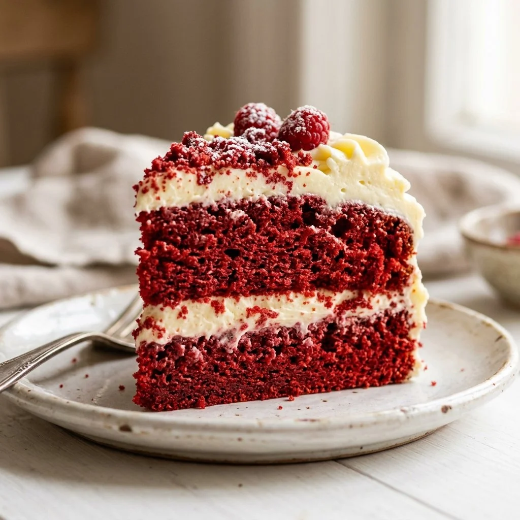 Delicious slice of red velvet cake with cream cheese frosting