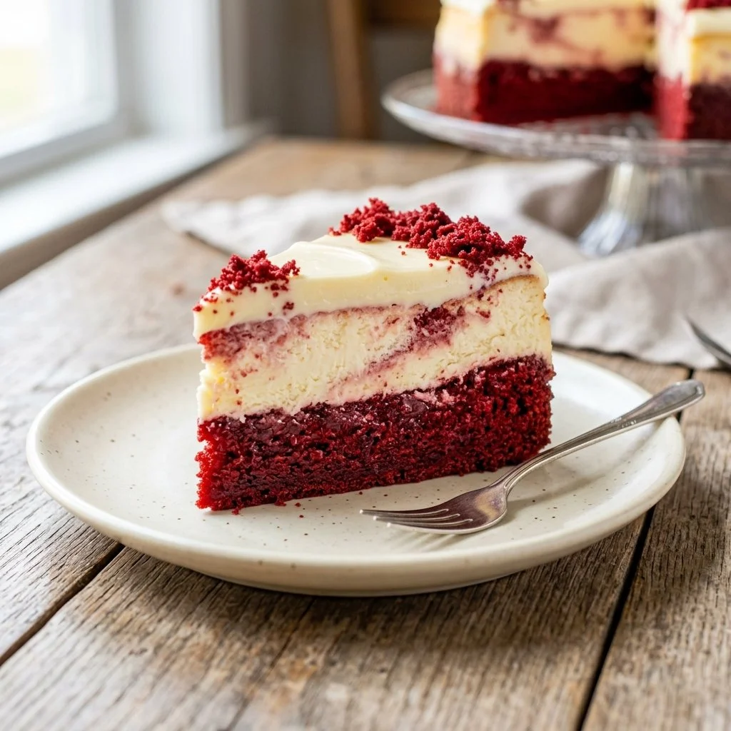Decadent Red Velvet Cheesecake with cream cheese frosting and vibrant red layers