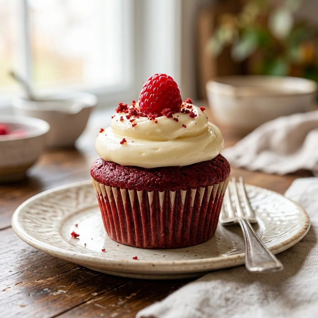 Delicious red velvet cupcakes with cream cheese frosting on a decorative platter