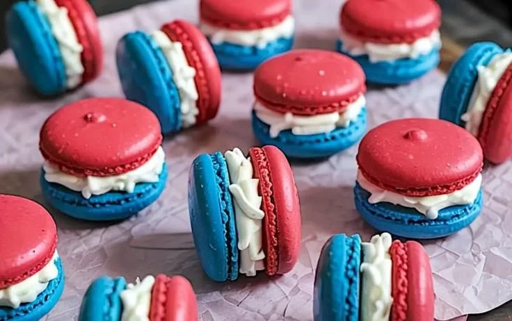 Festive red white and blue macaron sandwiches for a celebration