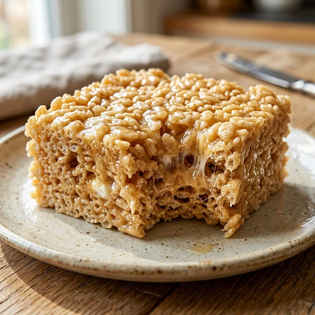Delicious homemade Rice Krispie Treats stacked on a plate