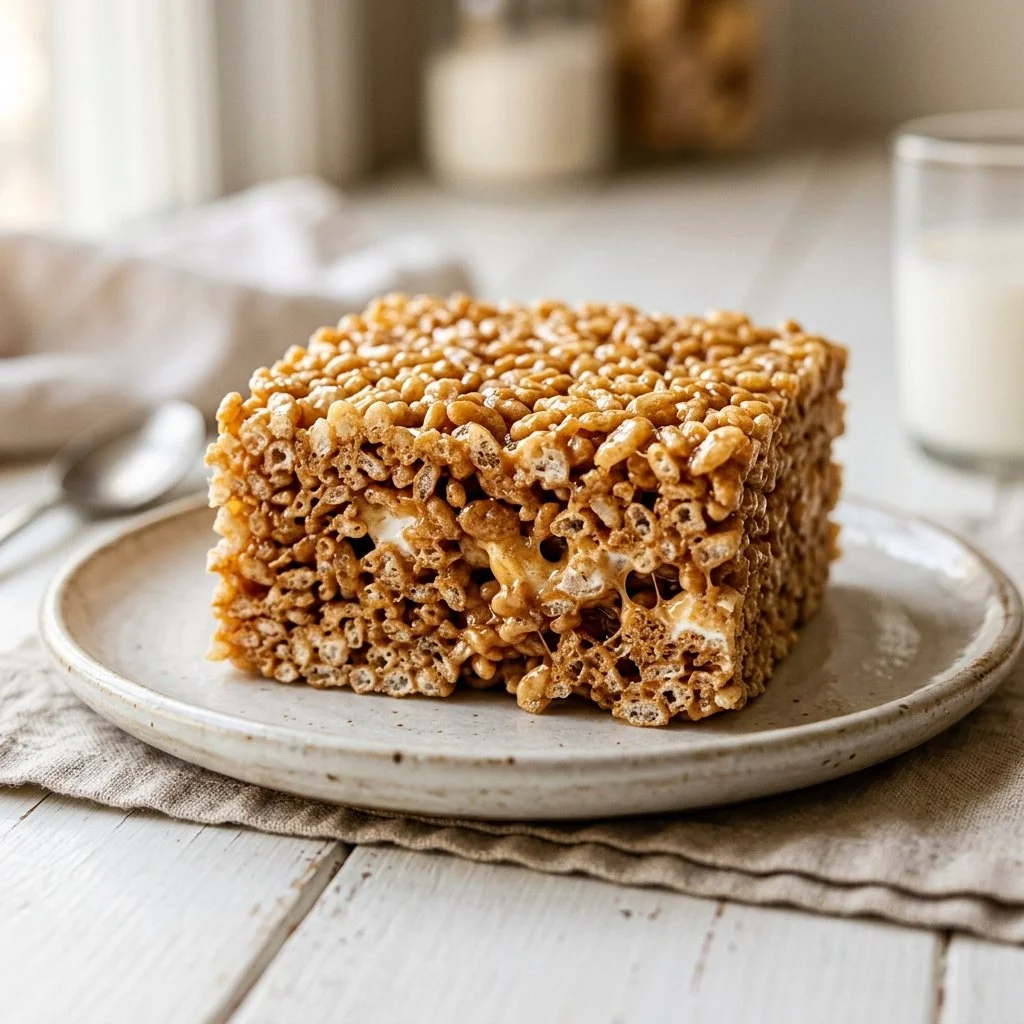 Homemade rice krispie treats on a plate with marshmallows and crispy rice cereal