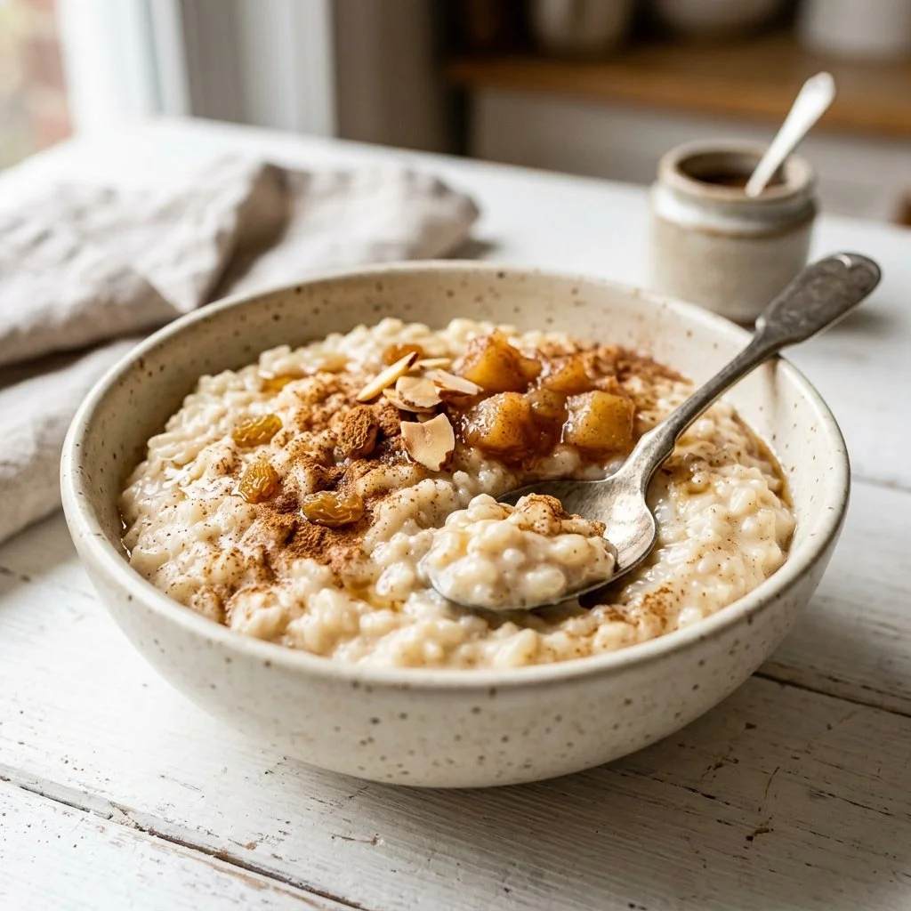 Delicious homemade rice pudding served in a bowl with cinnamon garnish