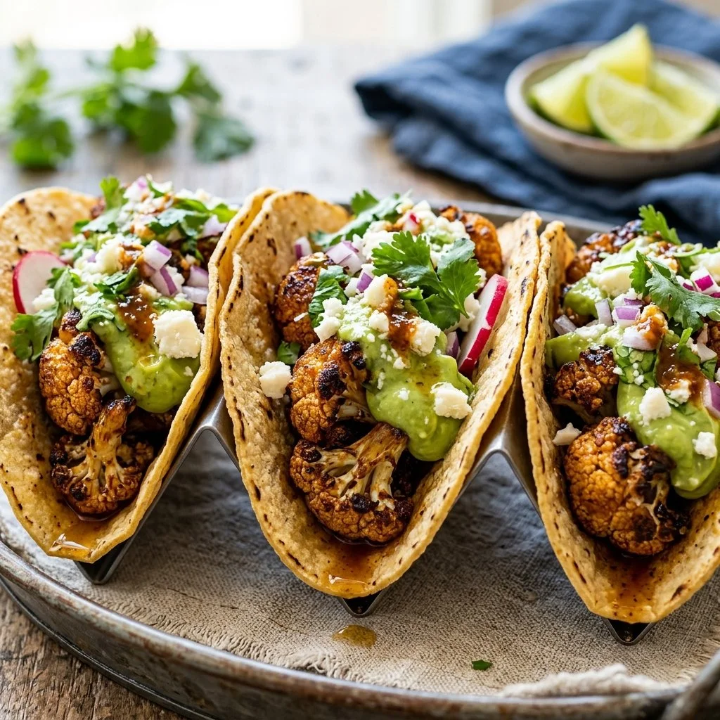 Roasted cauliflower tacos garnished with fresh herbs and lime