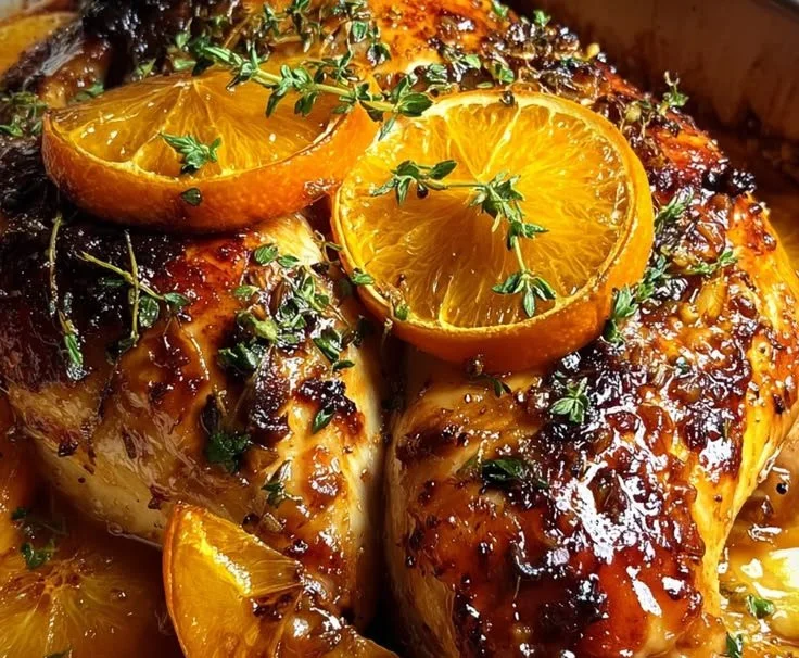 Delicious roasted orange chicken garnished with fresh herbs