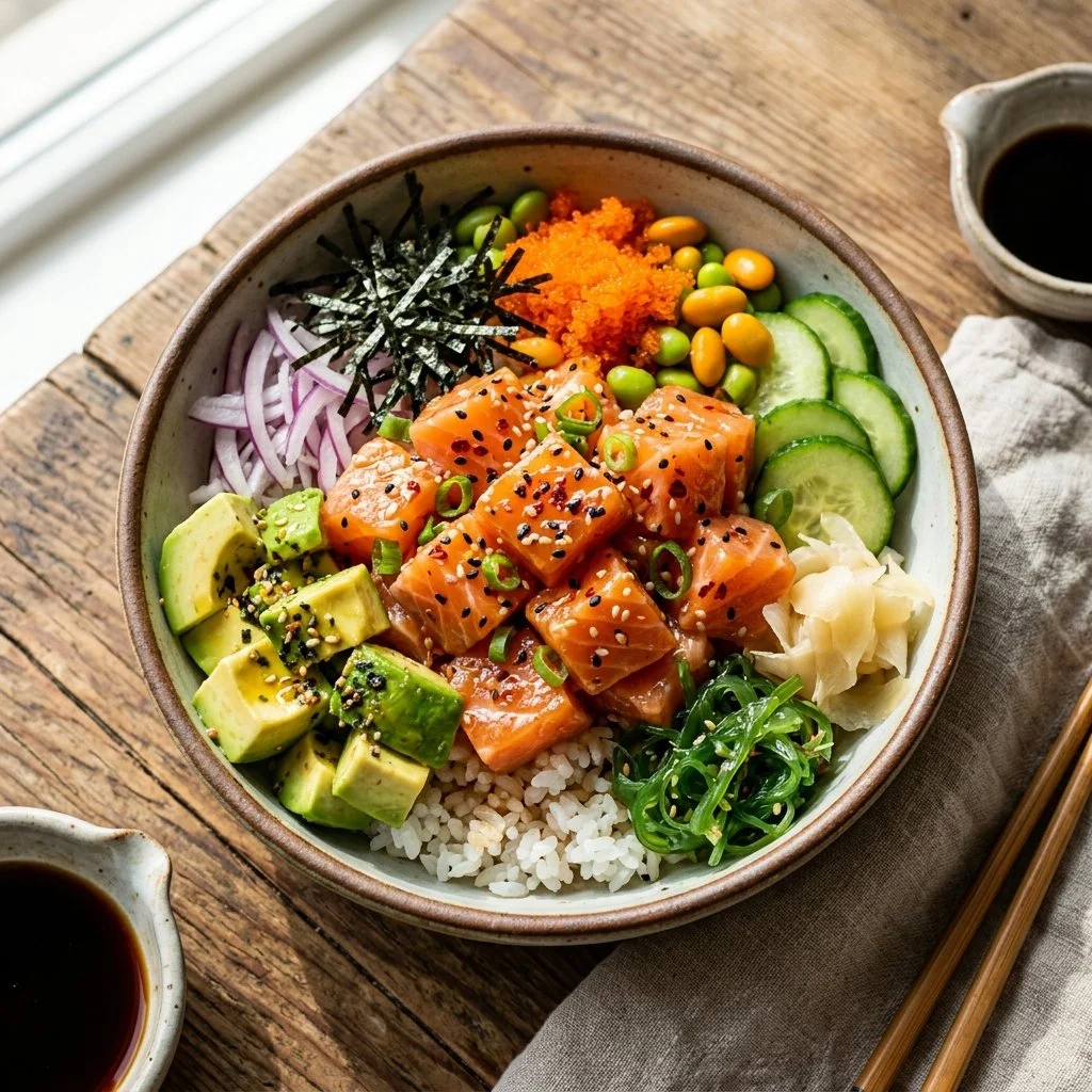 A vibrant salmon poke bowl topped with fresh vegetables and garnishes.