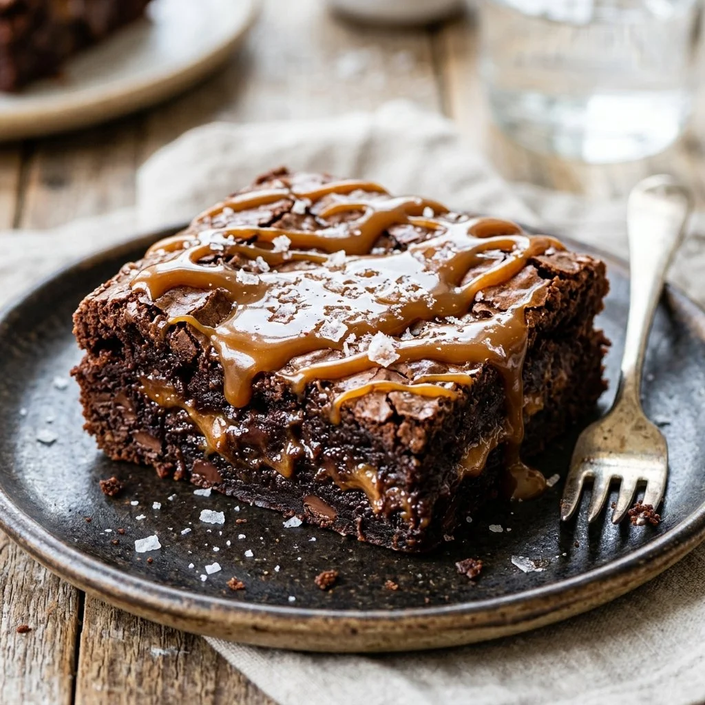 Delicious Salted Caramel Brownies topped with sea salt and drizzled caramel