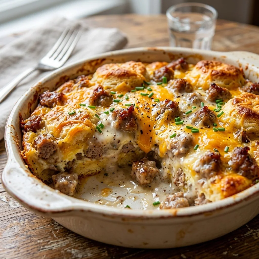 Delicious Sausage and Gravy Breakfast Casserole served in a baking dish