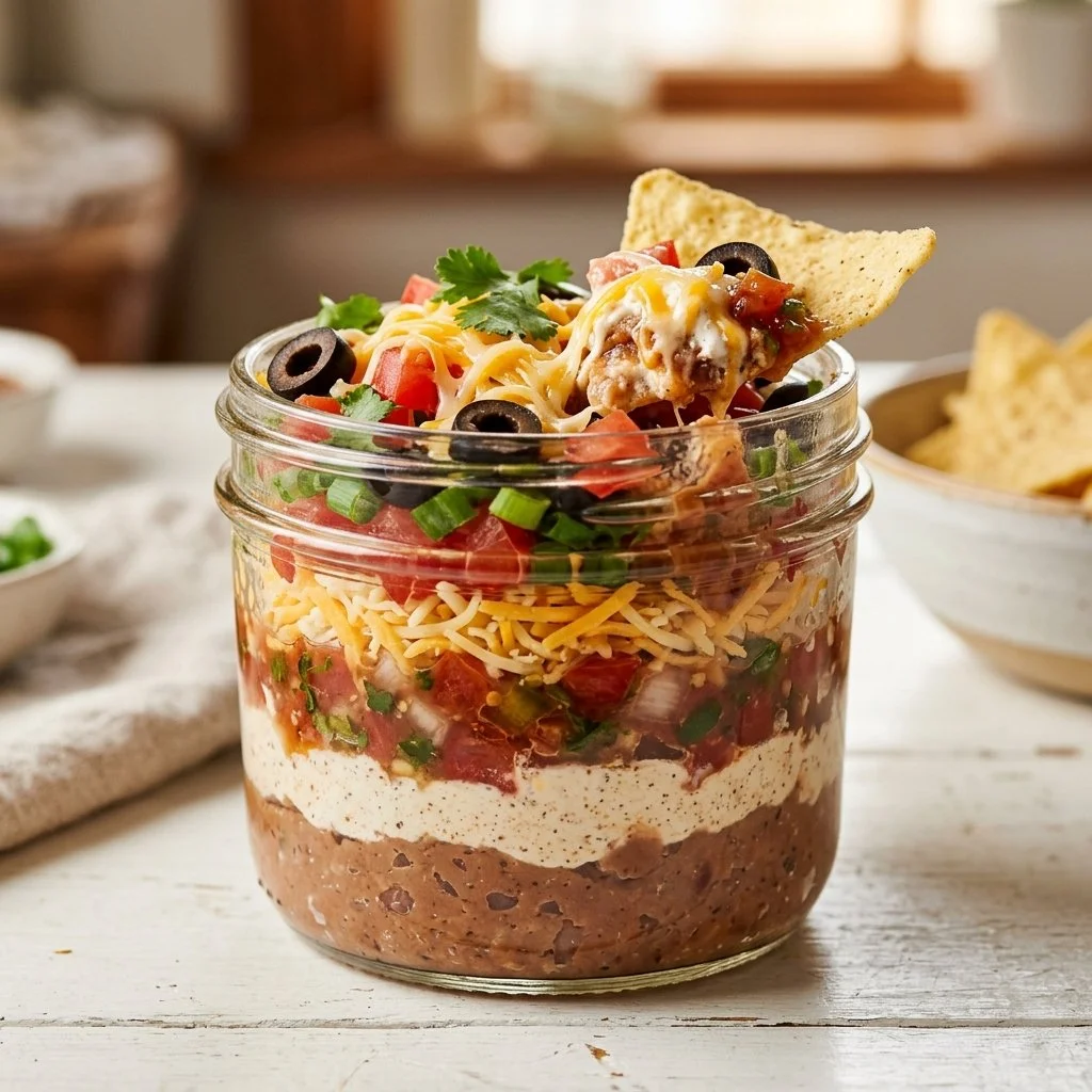 Delicious seven layer dip recipe served in a colorful platter