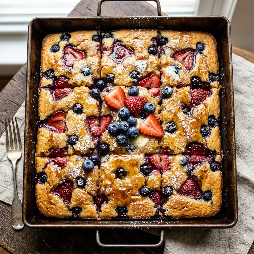 Delicious sheet pan berry pancakes topped with fresh berries on a serving platter.