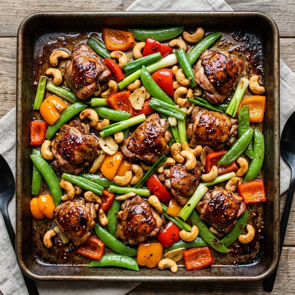 Sheet Pan Cashew Chicken with vegetables ready to serve