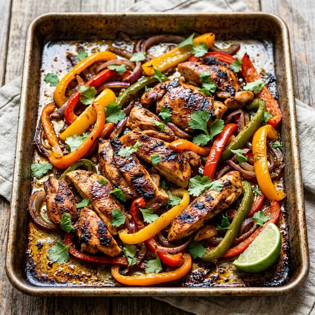 Sheet pan chicken fajitas with colorful peppers and onions