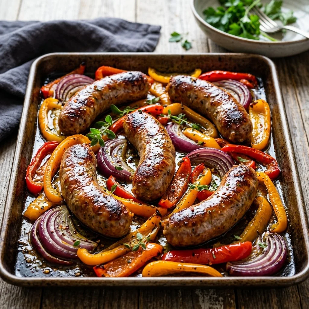 Tray of sheet pan sausage and peppers with vibrant colors and fresh ingredients.