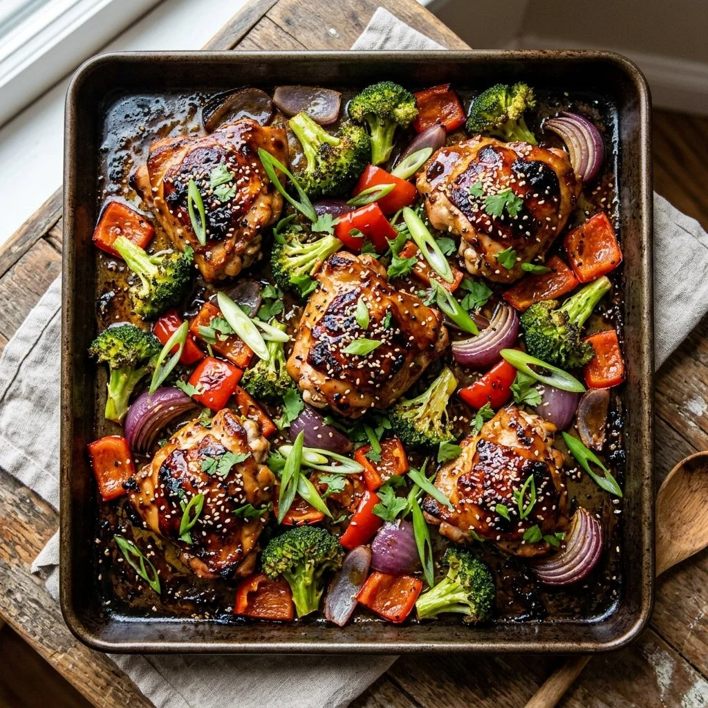 Sheet Pan Sesame Chicken baked with sesame sauce and vegetables