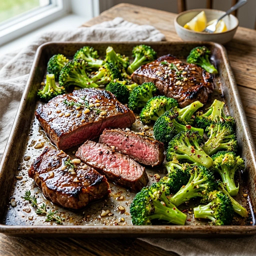 Sheet Pan Steak with Broccoli on a cooking tray, ready for dinner.