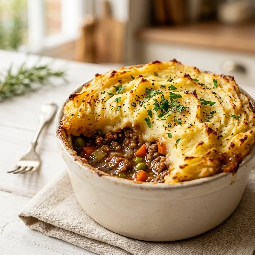 Delicious homemade shepherd's pie with mashed potatoes and ground meat