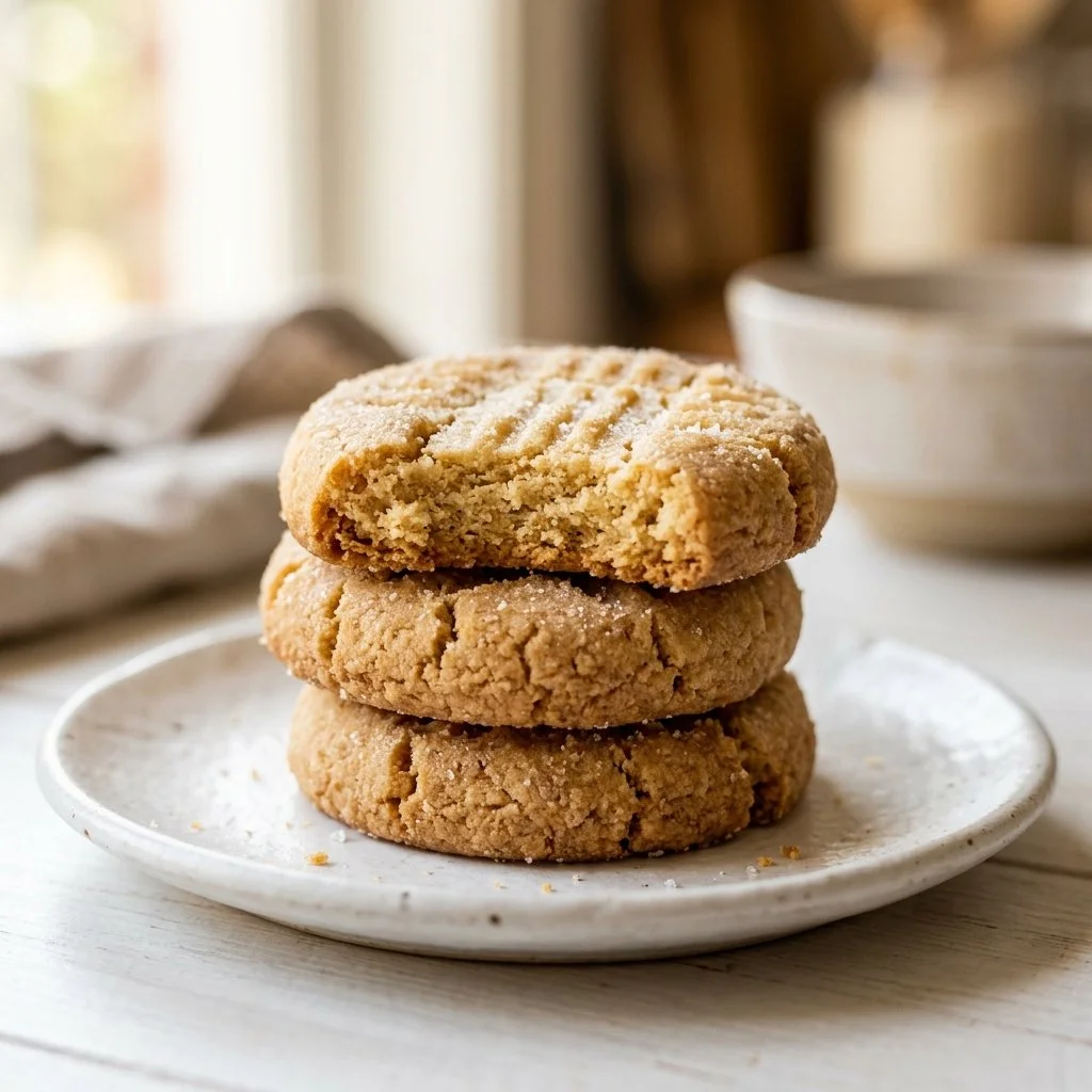 Baked shortbread cookies on a wooden platter with powdered sugar dusting