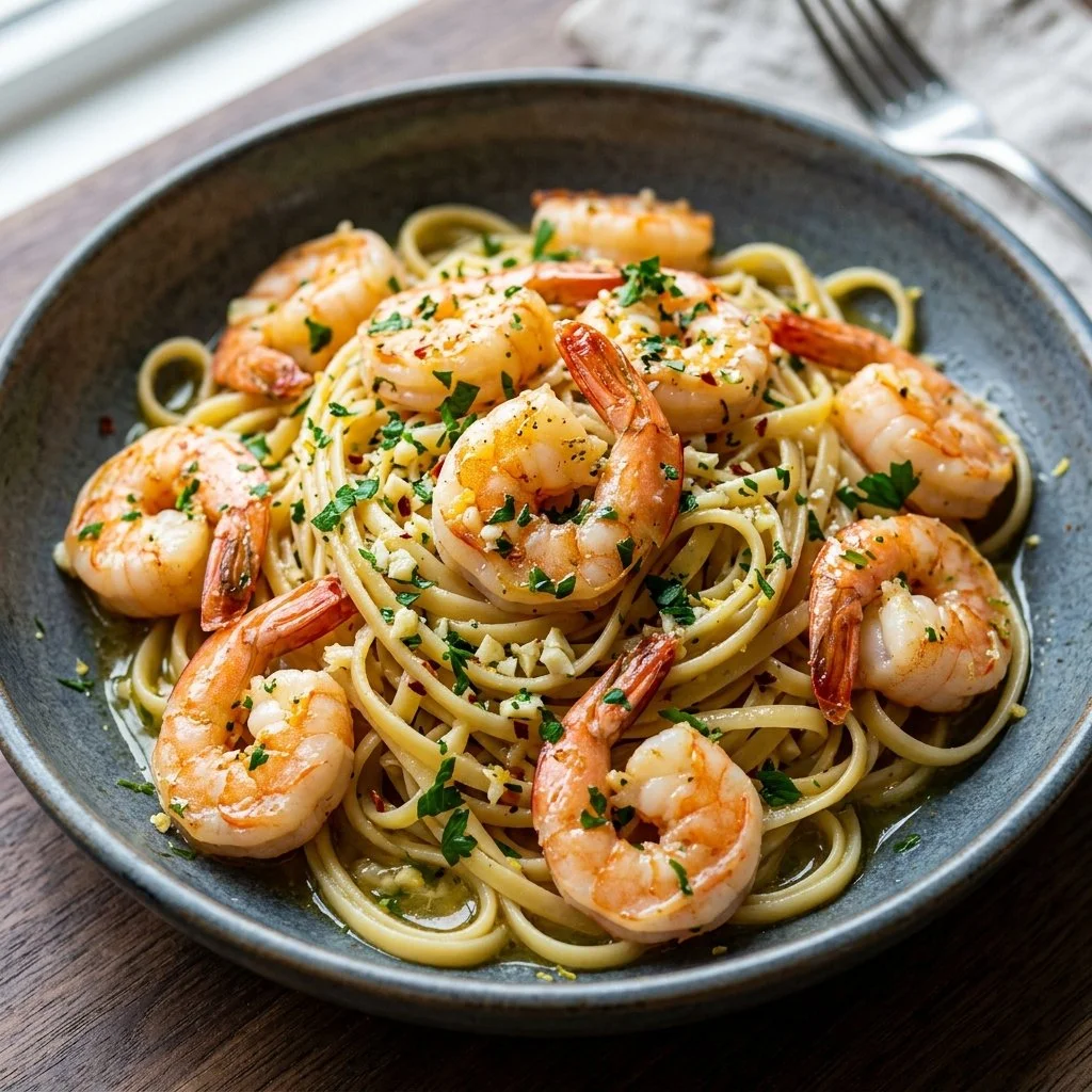Plate of Shrimp Scampi Pasta with garlic sauce and fresh herbs